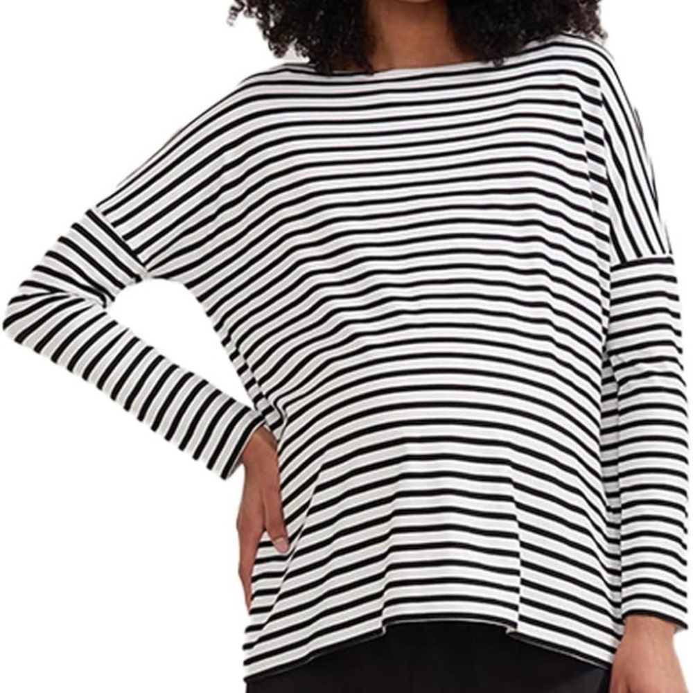 Hatch Black and White Striped Boatneck Long Sleeve Top